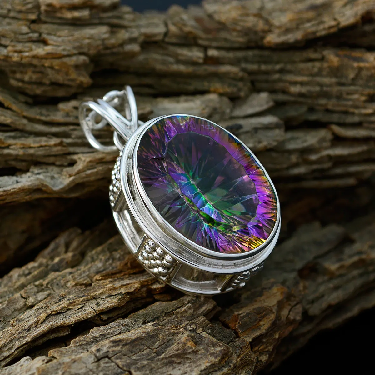 Riyo Genuine Gems Oval Faceted Multi Color Mystic Quartz 925 Silver Pendant gift for labour day