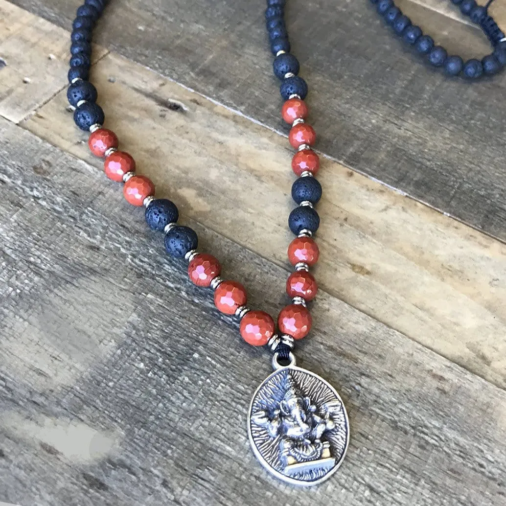 Root Chakra Aromatherapy Lava Rock Mala Beads with Ganesh Pendant