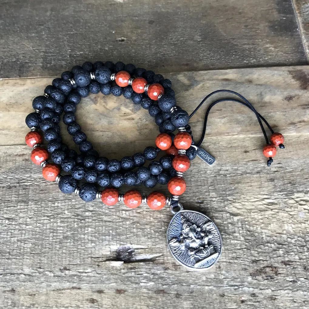 Root Chakra Aromatherapy Lava Rock Mala Beads with Ganesh Pendant