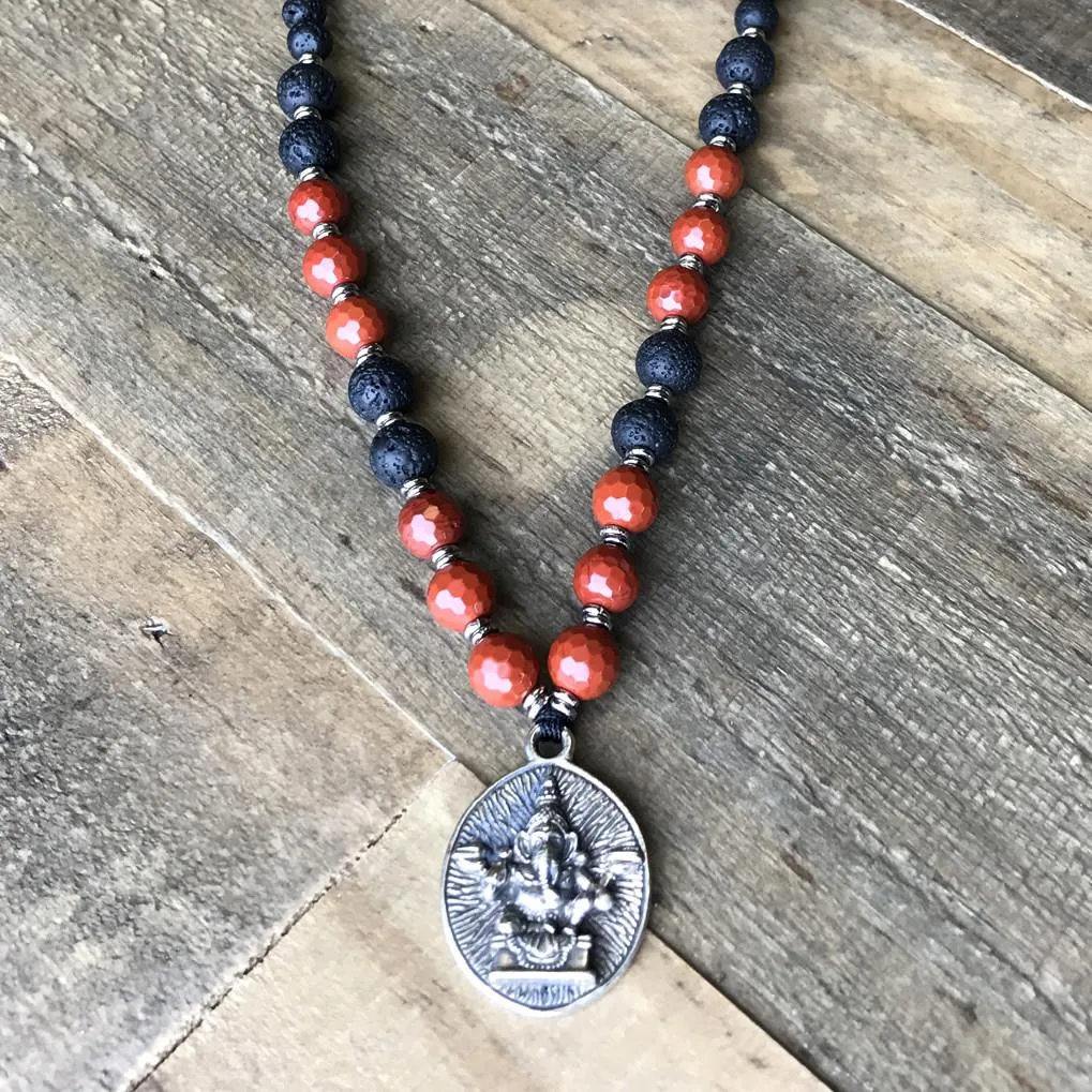 Root Chakra Aromatherapy Lava Rock Mala Beads with Ganesh Pendant