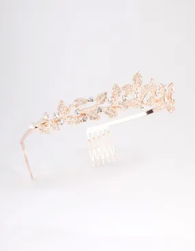 Rose Gold Diamante Leafy Tiara