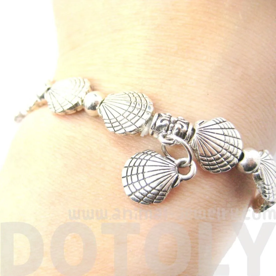 Row of Seashell Shells Shaped Stretchy Bracelet in Silver | DOTOLY