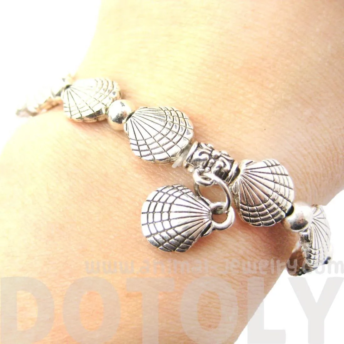 Row of Seashell Shells Shaped Stretchy Bracelet in Silver | DOTOLY