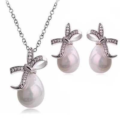 Silver Bow Knot Pearl Crystals Jewelry Set