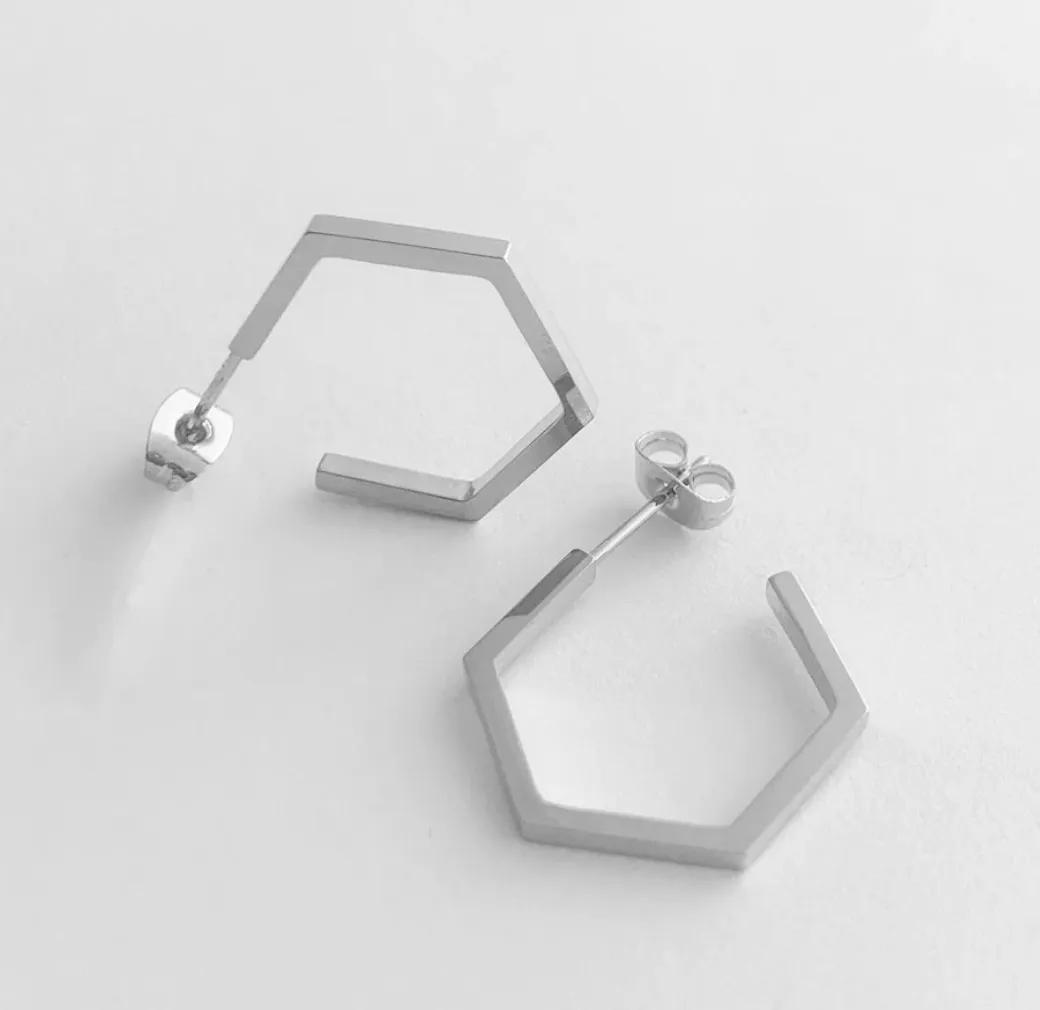 Silver Hexagon Hoop Earrings