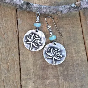 Silver Lotus Earrings, Small Silver Flower Jewelry, Lotus Jewelry, Yoga Jewelry, Sky Blue Lotus Earrings, Small Silver Drop Earrings