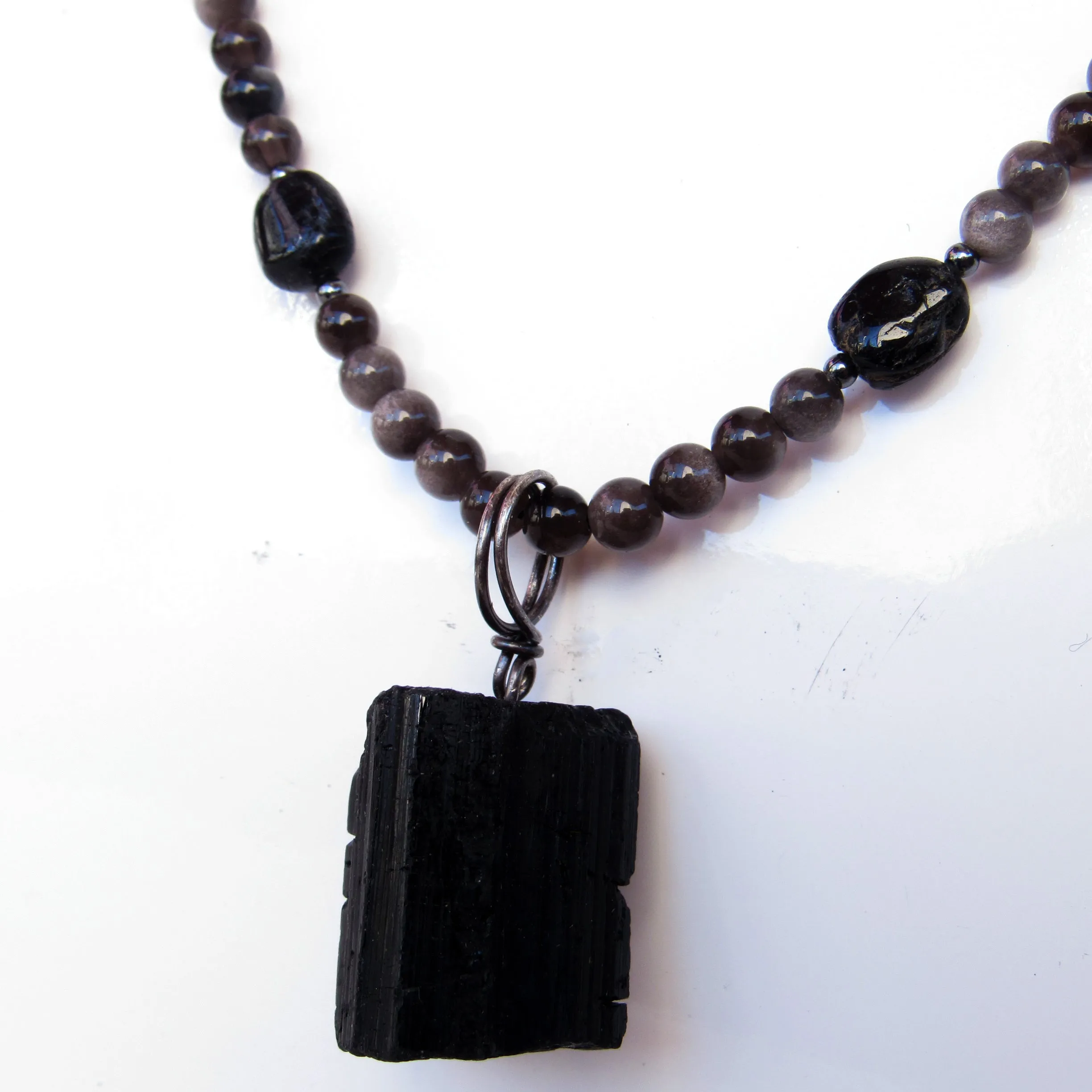 Silver Obsidian and Black Tourmaline gemstone Necklace