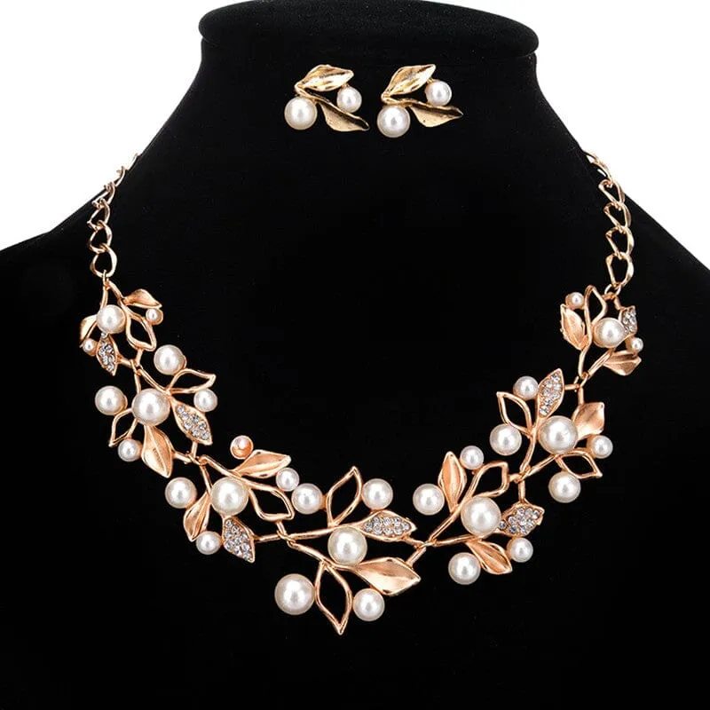 Simulated Pearl Leaves Jewelry Set