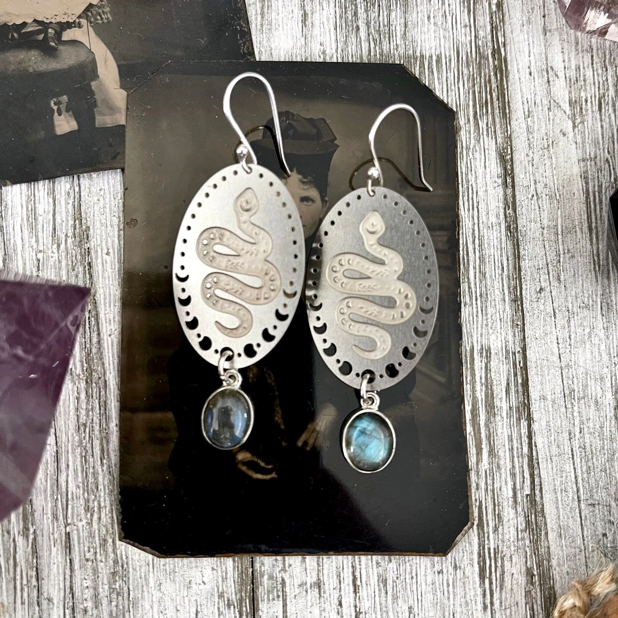 Snake and Moon Phases Labradorite Earrings Sterling Silver & Stainless Steel Earrings /