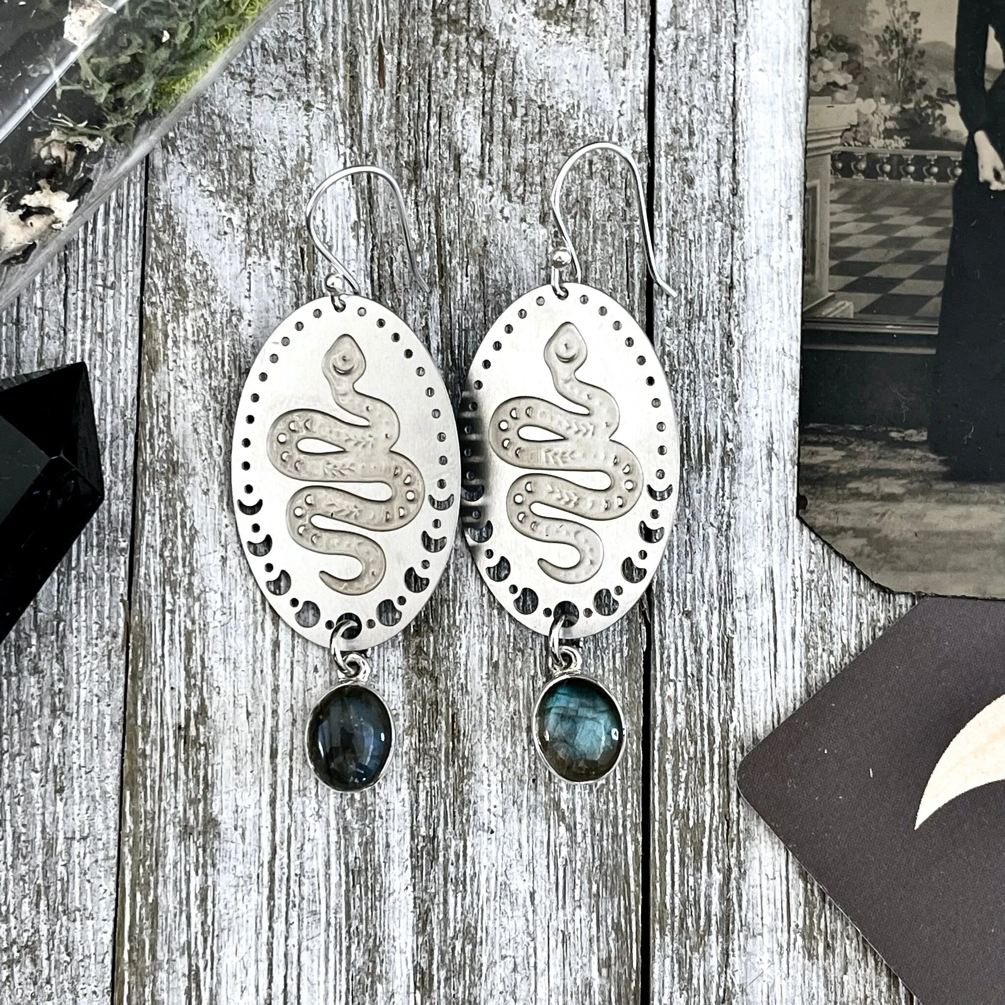 Snake and Moon Phases Labradorite Earrings Sterling Silver & Stainless Steel Earrings /