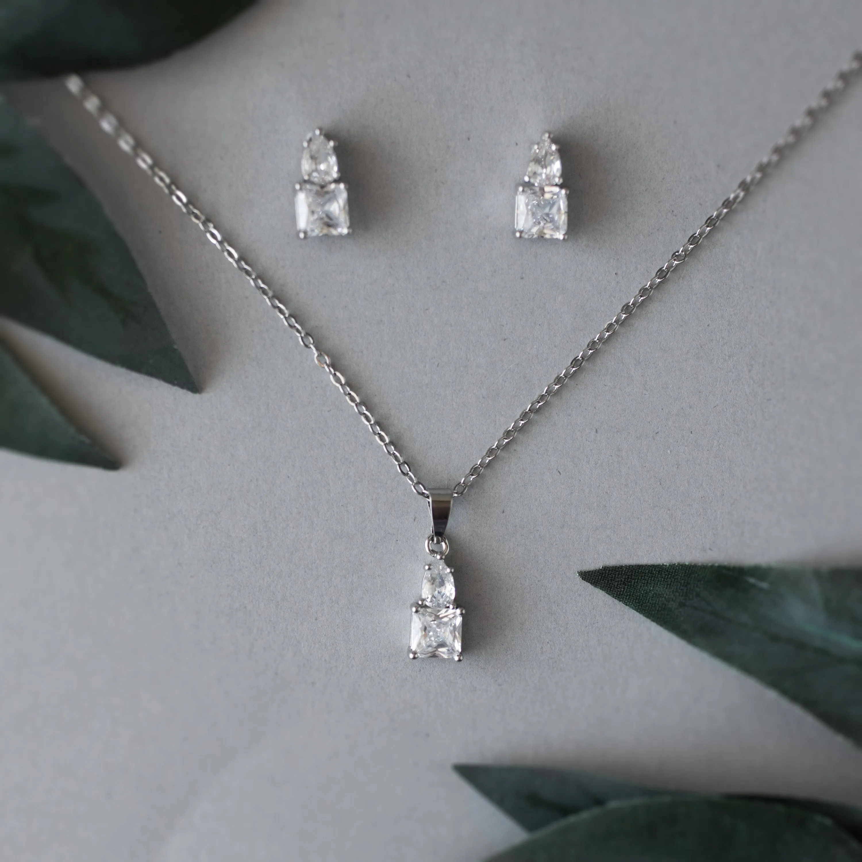 Square CZ Jewels Pendant Necklace Set