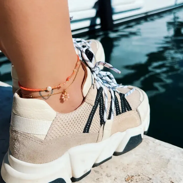 Stainless steel anklet with 2 mini flowers - pink/yellow