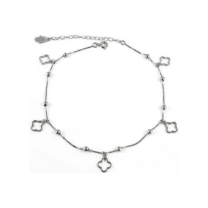 Sterling  Silver Cutout Clover Anklet Rhodium Plated