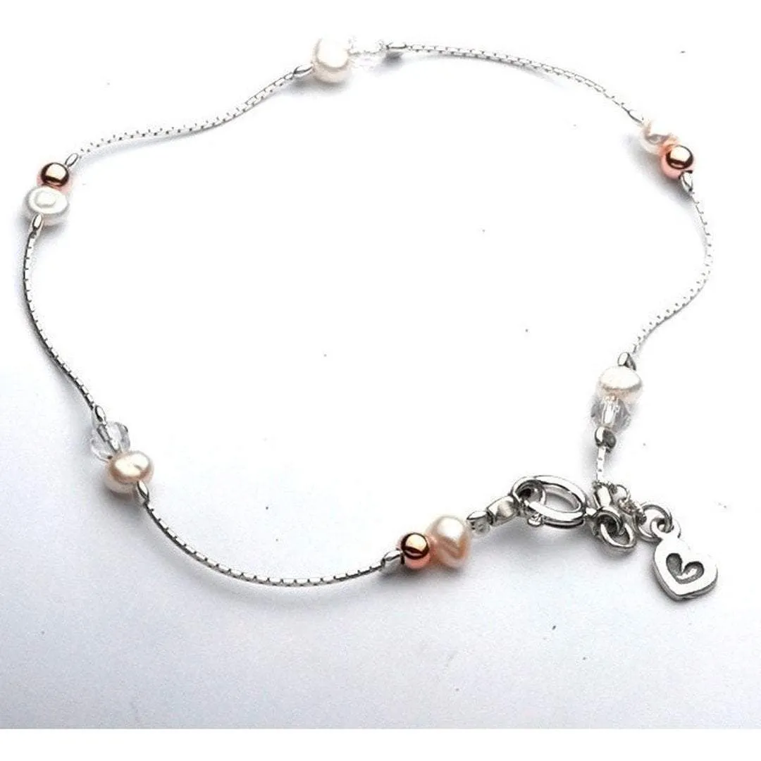 Sterling Silver Heart Charm Pearl Anklet