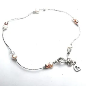 Sterling Silver Heart Charm Pearl Anklet