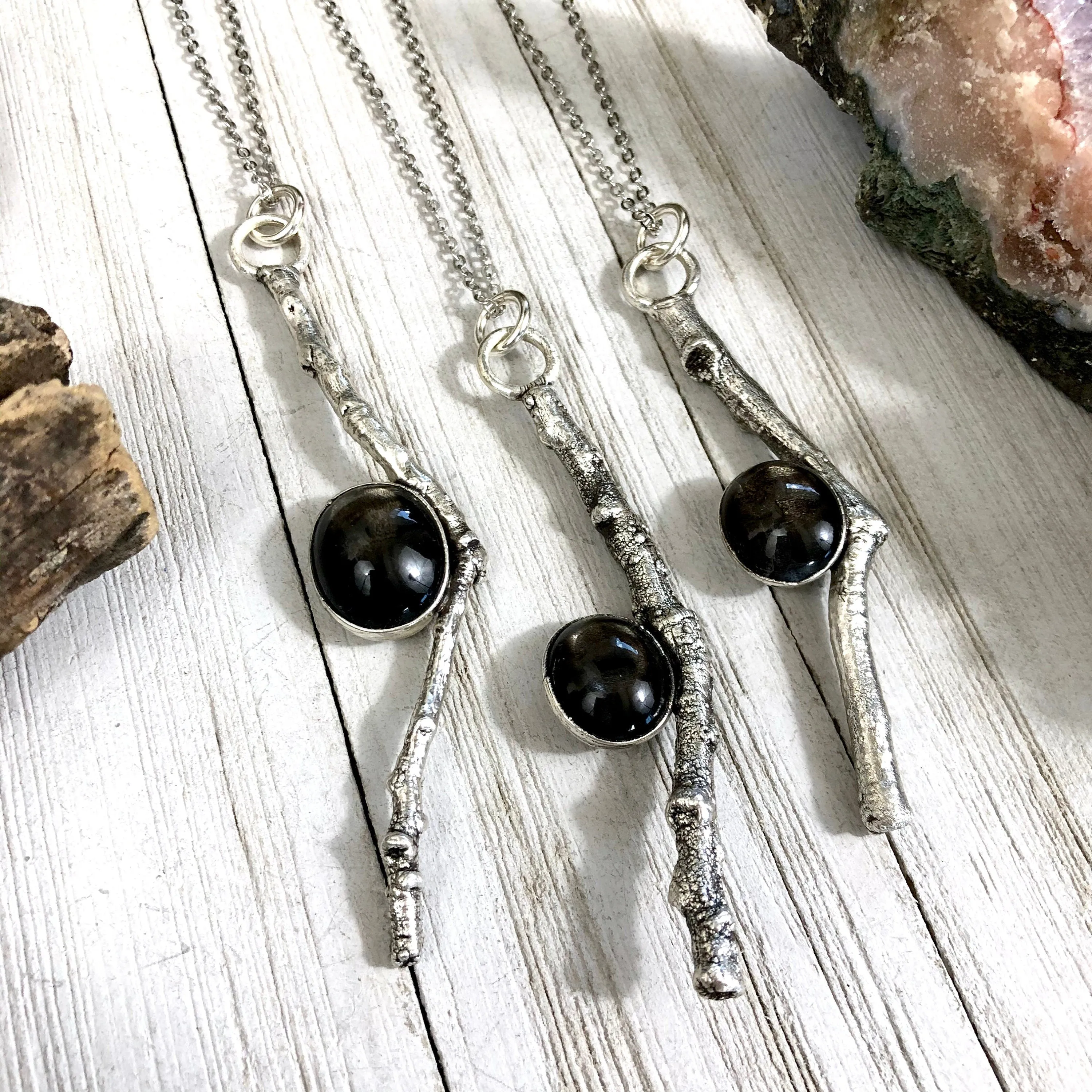 Sticks & Stones Necklace Pendant  / Crystal Necklace Black Star Sunstone Silver Necklace