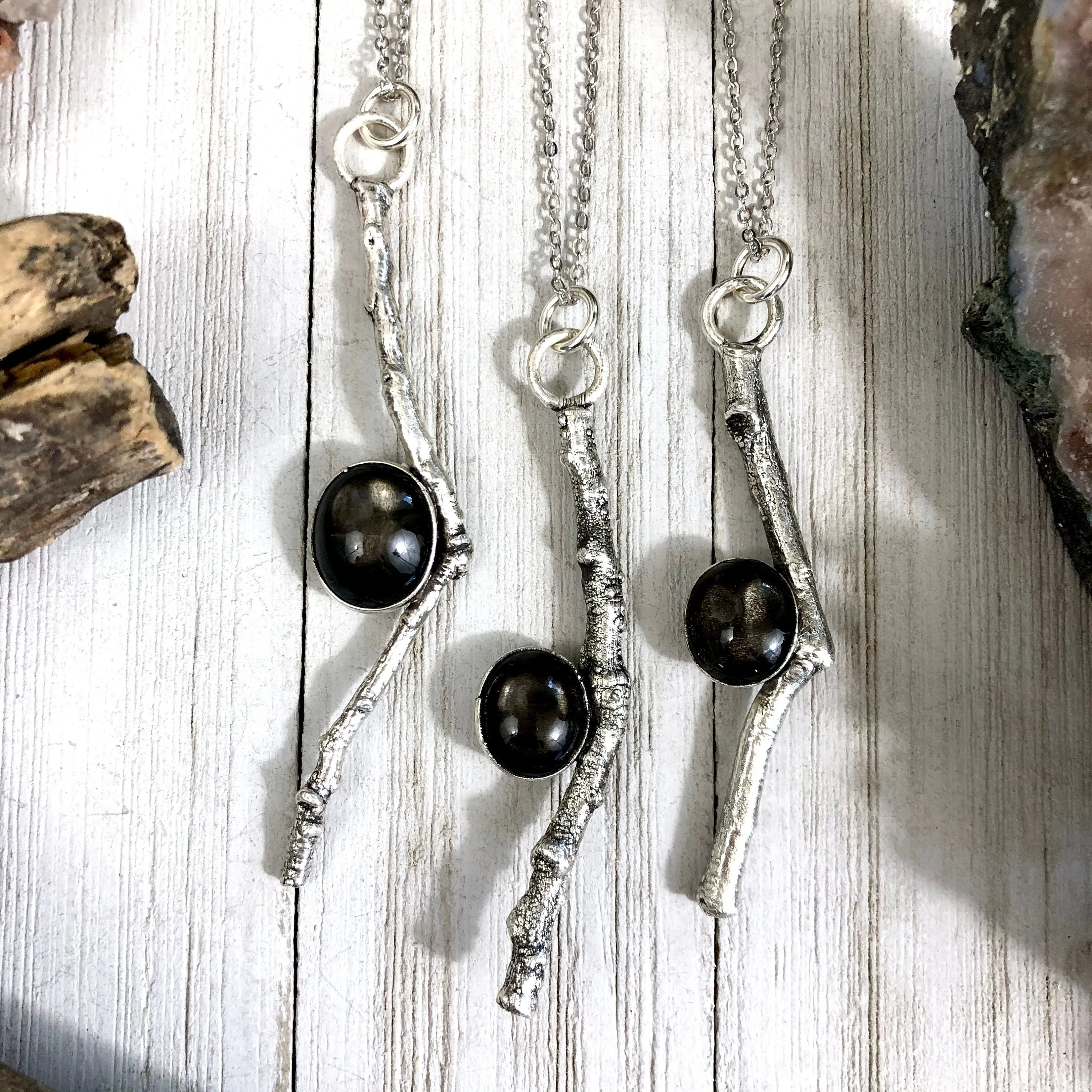 Sticks & Stones Necklace Pendant  / Crystal Necklace Black Star Sunstone Silver Necklace