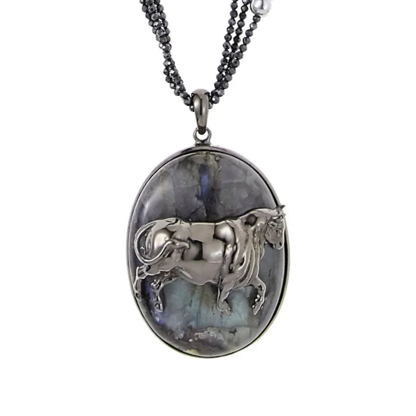 Taurus Pendant Necklace in Silver with Dark Green Glitter Enamel, Mixed Sapphires, Labradorite, Black Spinel and Hematite