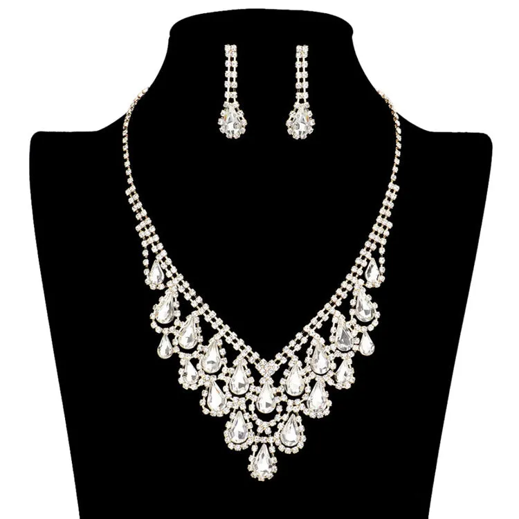 Teardrop Stone Accented Rhinestone Necklace Earring Set