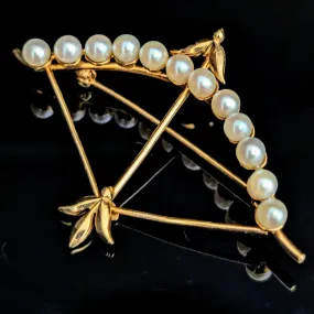 The Sylva - by Carl Art Inc. Vintage Pearls 14k Yellow Gold Bow and Arrow Brooch