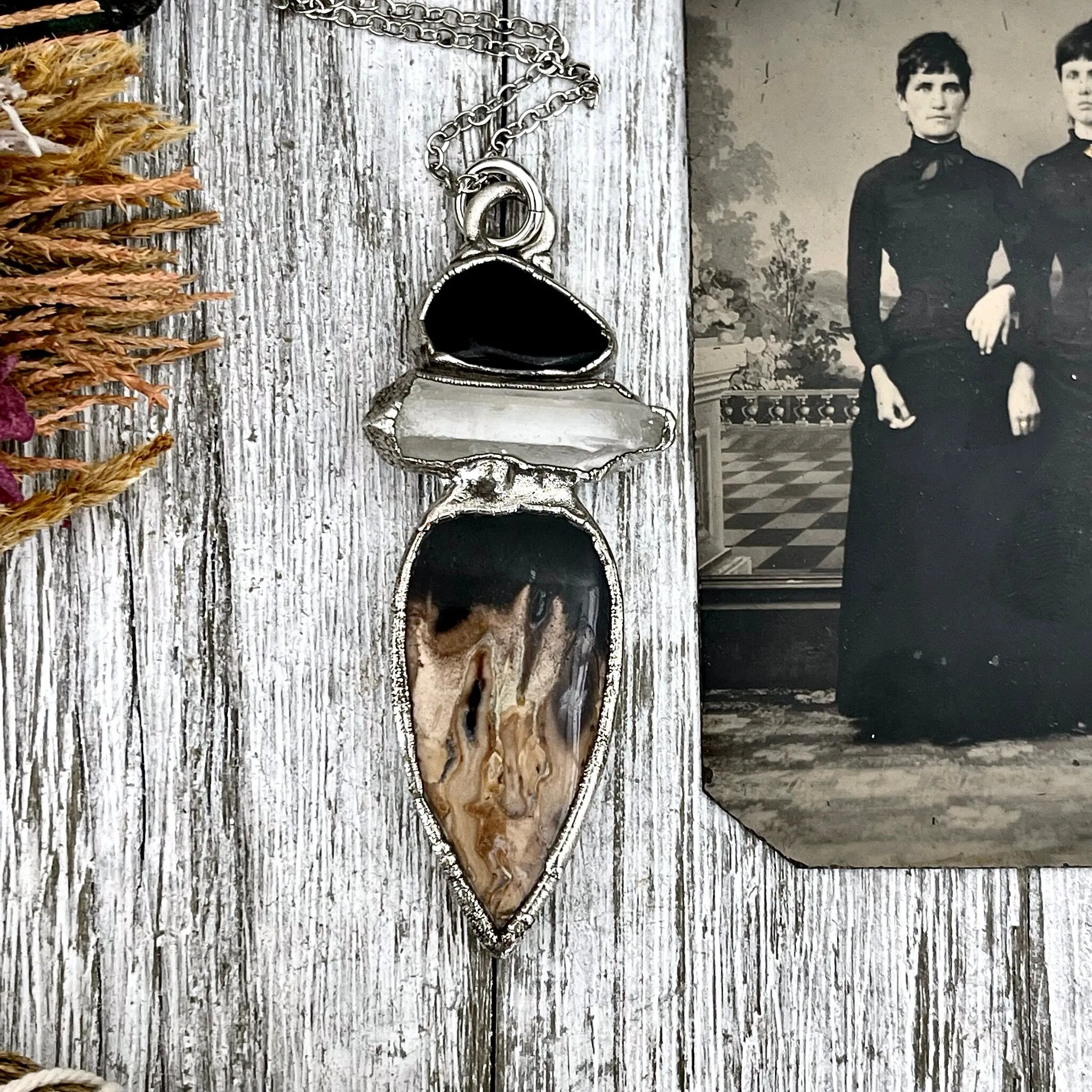 Three Stone  Clear Quartz Black Onyx Palm Root Necklace in Fine Silver / Foxlark Collection - One of a Kind Jewelry /