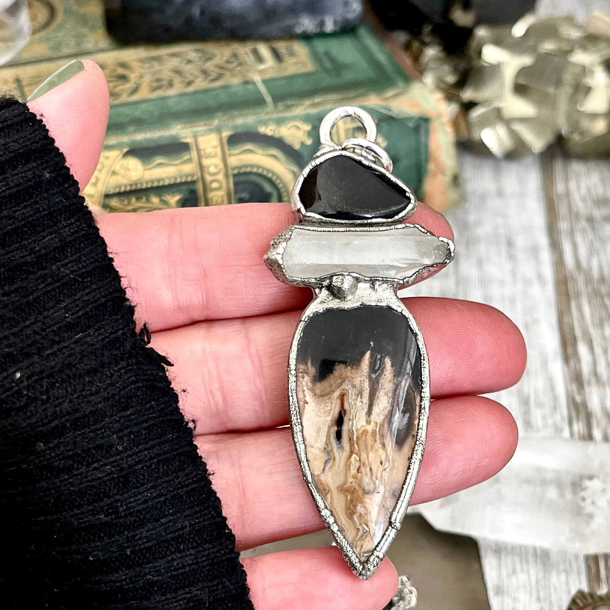 Three Stone  Clear Quartz Black Onyx Palm Root Necklace in Fine Silver / Foxlark Collection - One of a Kind Jewelry /