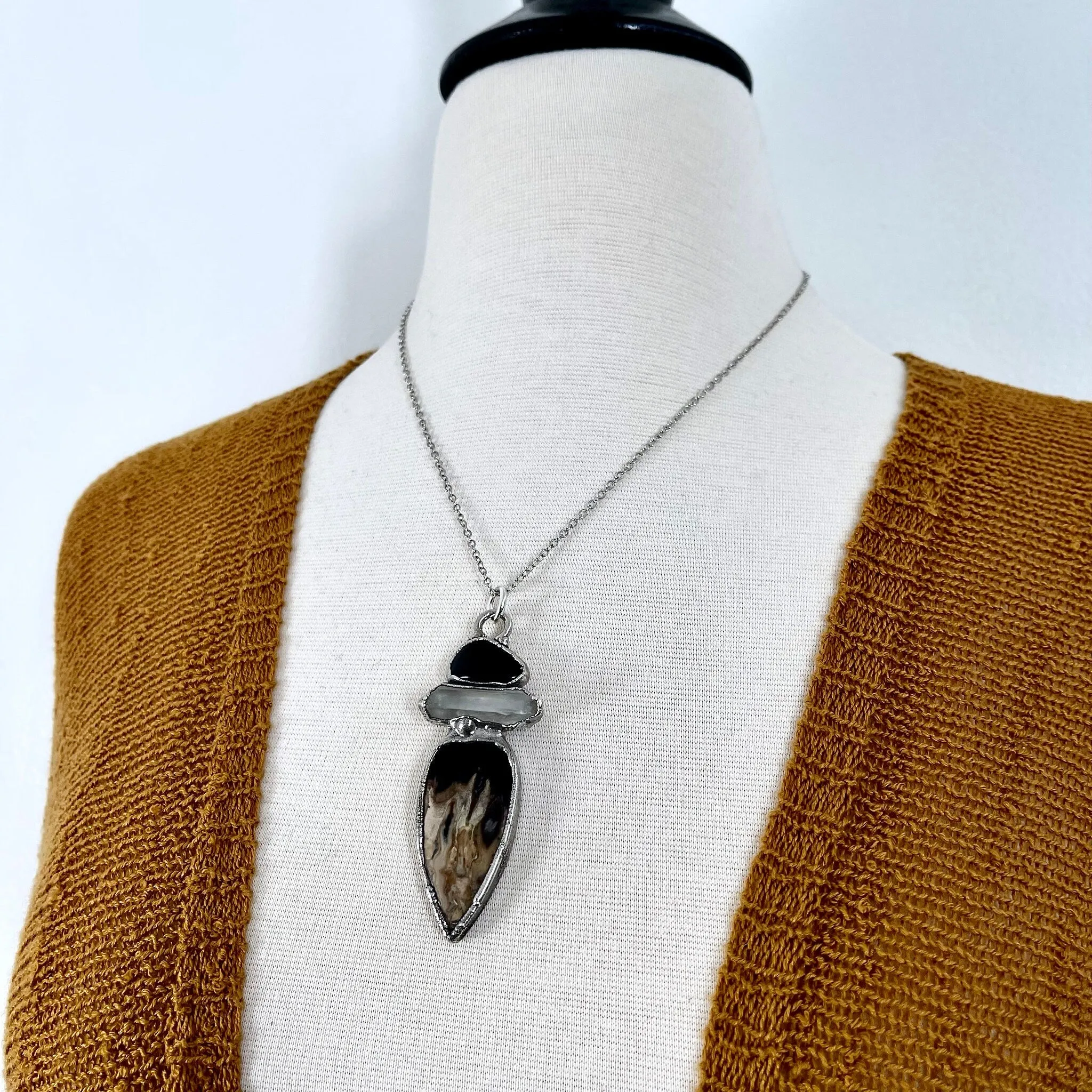 Three Stone  Clear Quartz Black Onyx Palm Root Necklace in Fine Silver / Foxlark Collection - One of a Kind Jewelry /