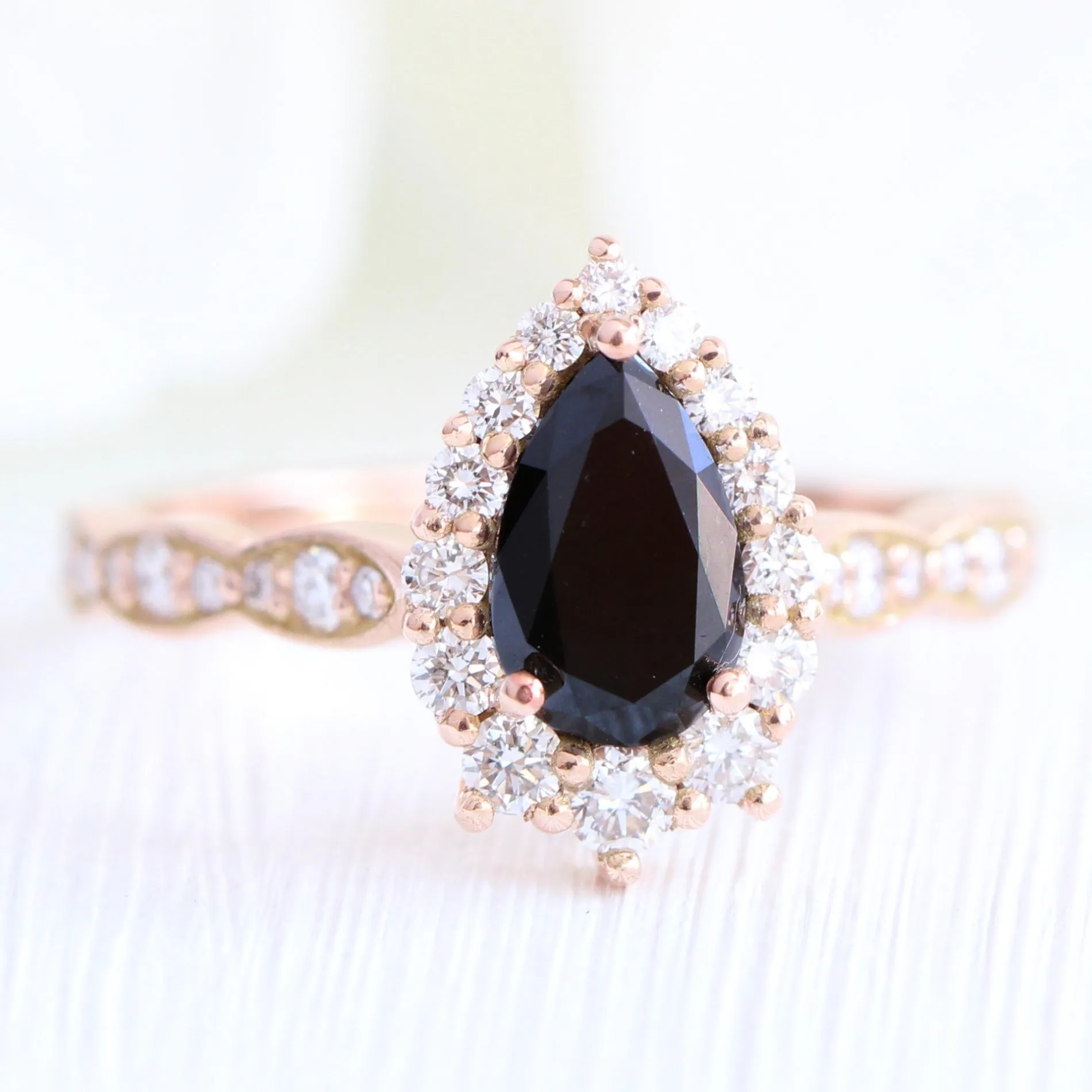 Tiara Halo Pear Black Diamond Ring Set w/ Large 7 Diamond Curved Scalloped Band