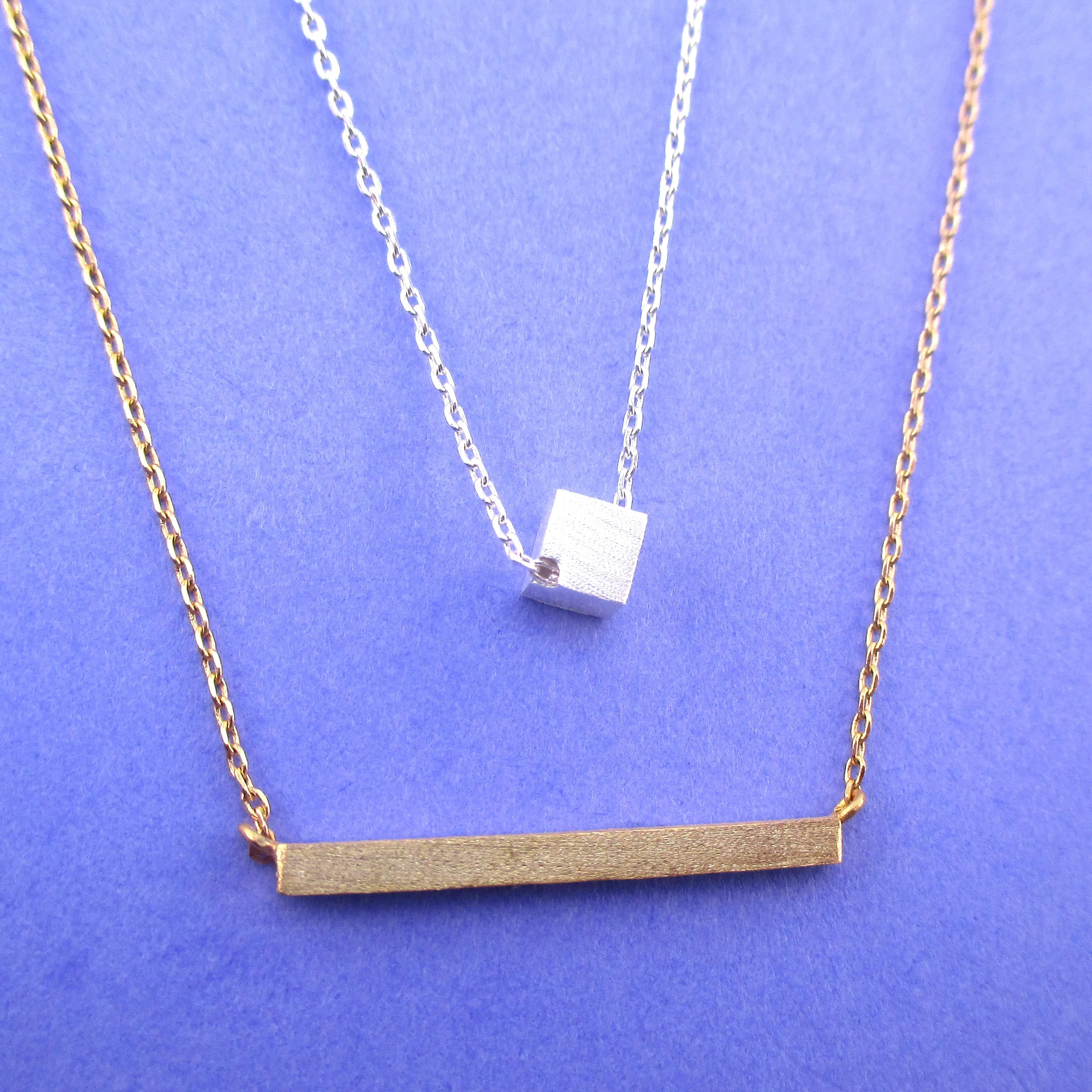 Tiny Minimal Cube and Geometric Bar Pendant Necklace | 2 Piece Set