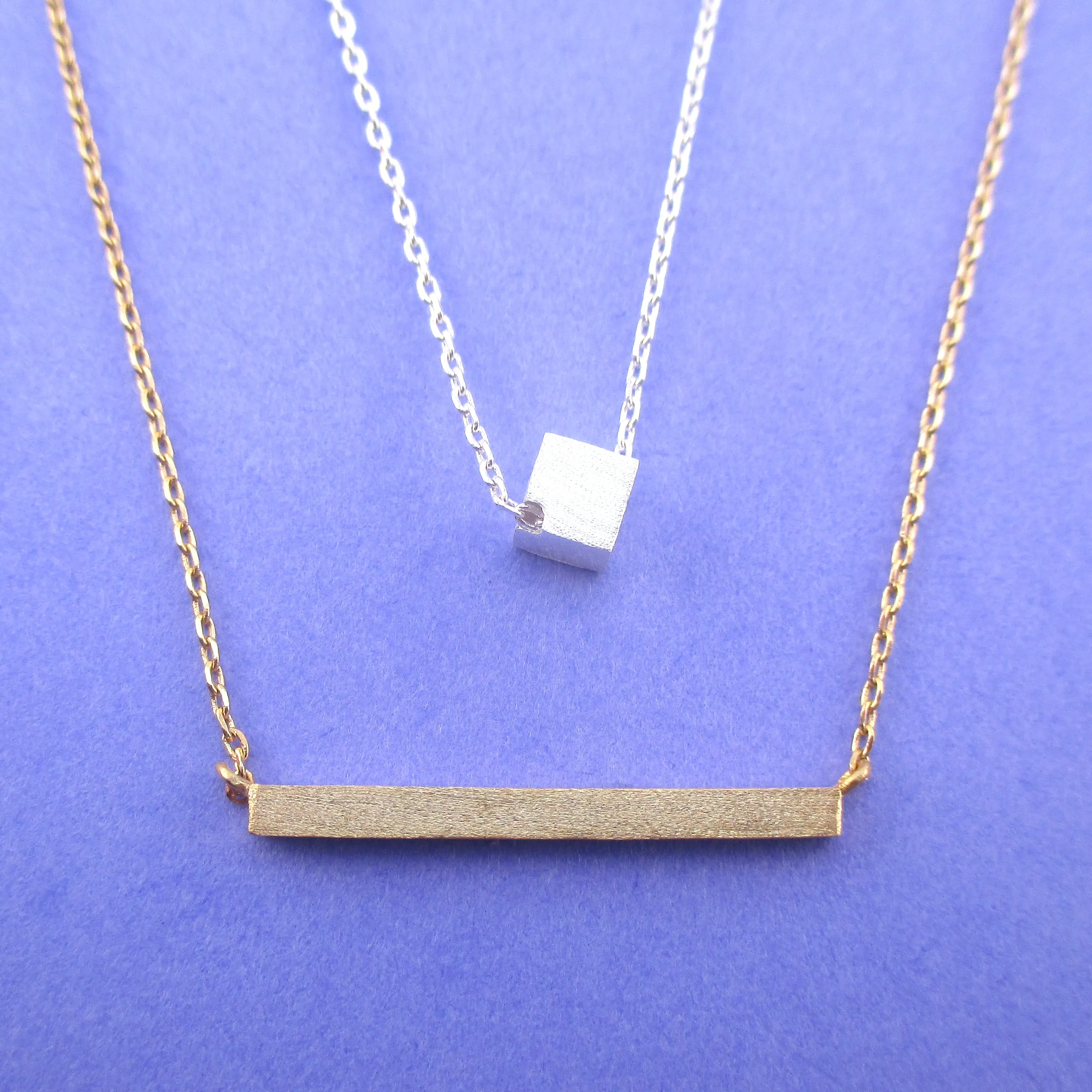 Tiny Minimal Cube and Geometric Bar Pendant Necklace | 2 Piece Set