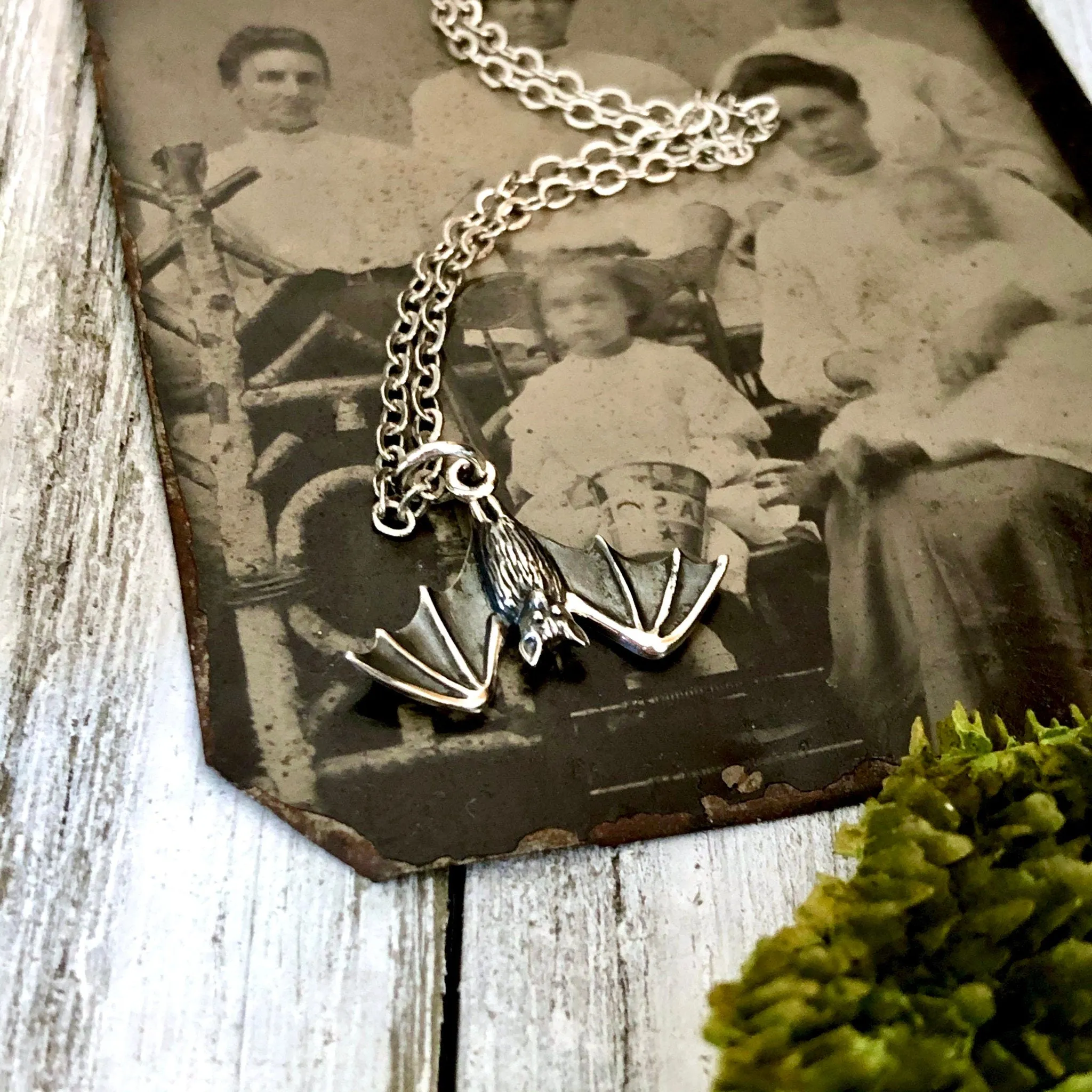 Tiny Talisman Collection - Sterling Silver Tiny Bat Necklace Pendant 12x20mm  /