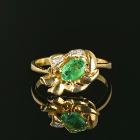 Vintage 14K Gold Bow Diamond Emerald Ring