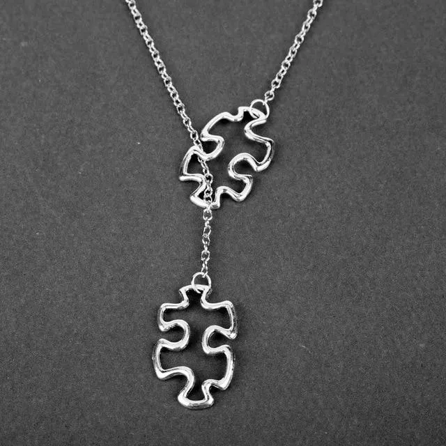 Vintage Casual Silver Plated Autism Jewelry Awareness Jigsaw Double Puzzle Piece Pendant Adjustable Cross Lariat Necklace Gifts