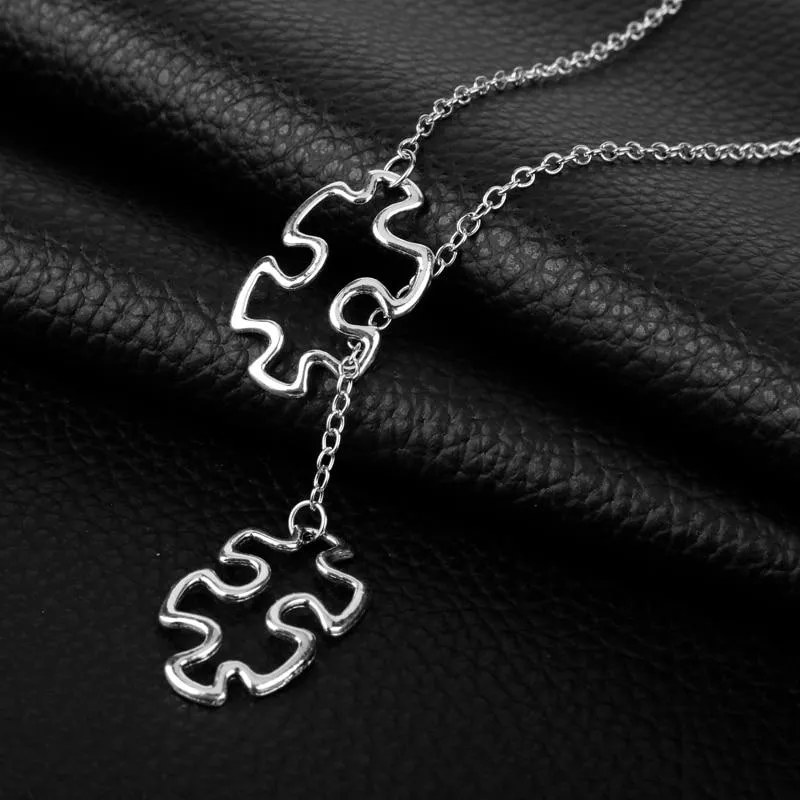 Vintage Casual Silver Plated Autism Jewelry Awareness Jigsaw Double Puzzle Piece Pendant Adjustable Cross Lariat Necklace Gifts