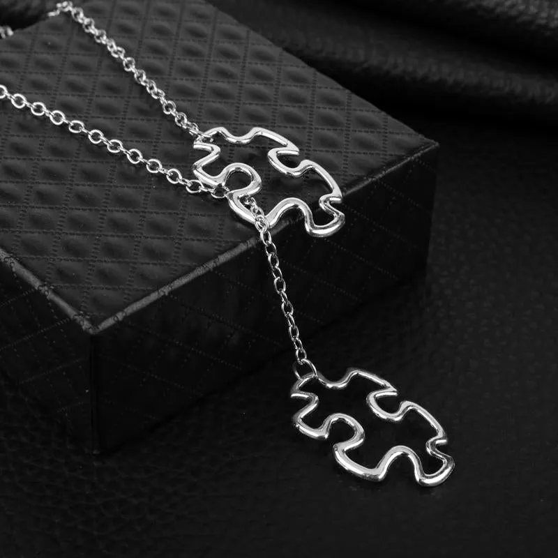 Vintage Casual Silver Plated Autism Jewelry Awareness Jigsaw Double Puzzle Piece Pendant Adjustable Cross Lariat Necklace Gifts