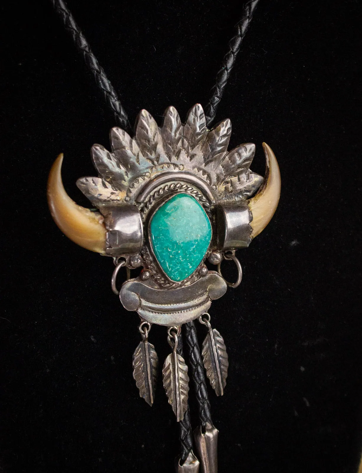 Vintage Sterling Silver, Turquoise, and Bear Claw Bolo Tie