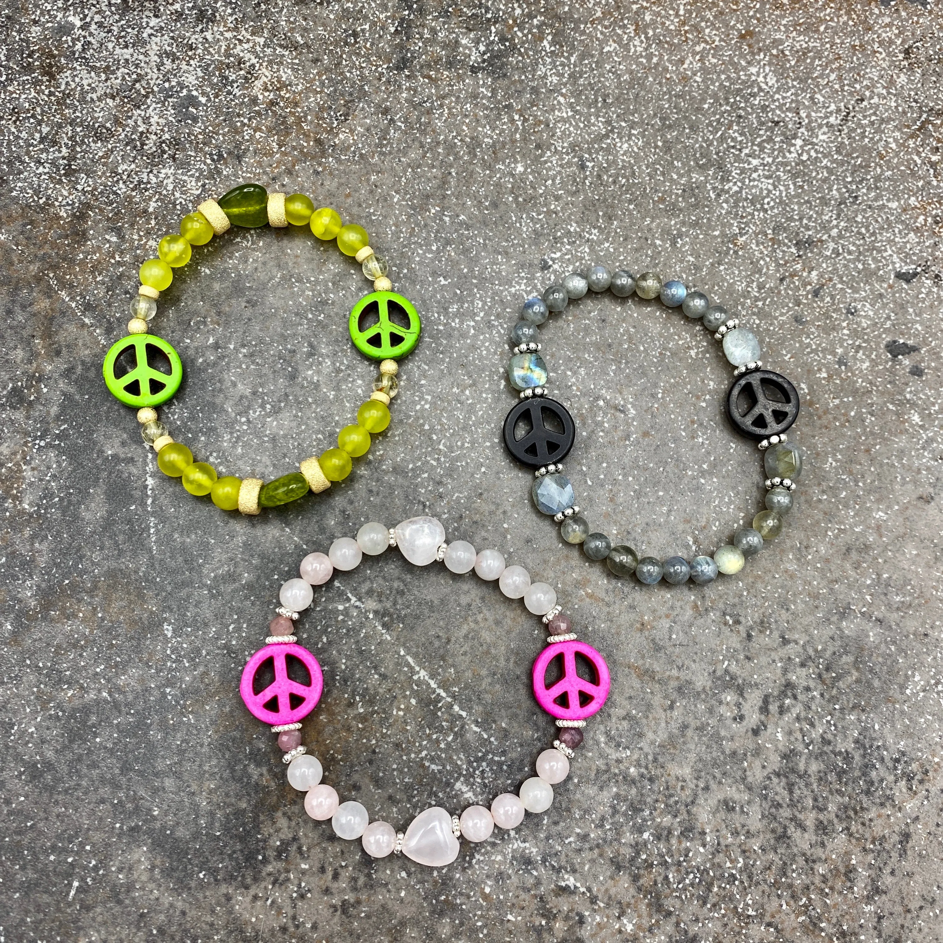 Women's Gemstone Peace Sign Bracelets with Sterling Silver.