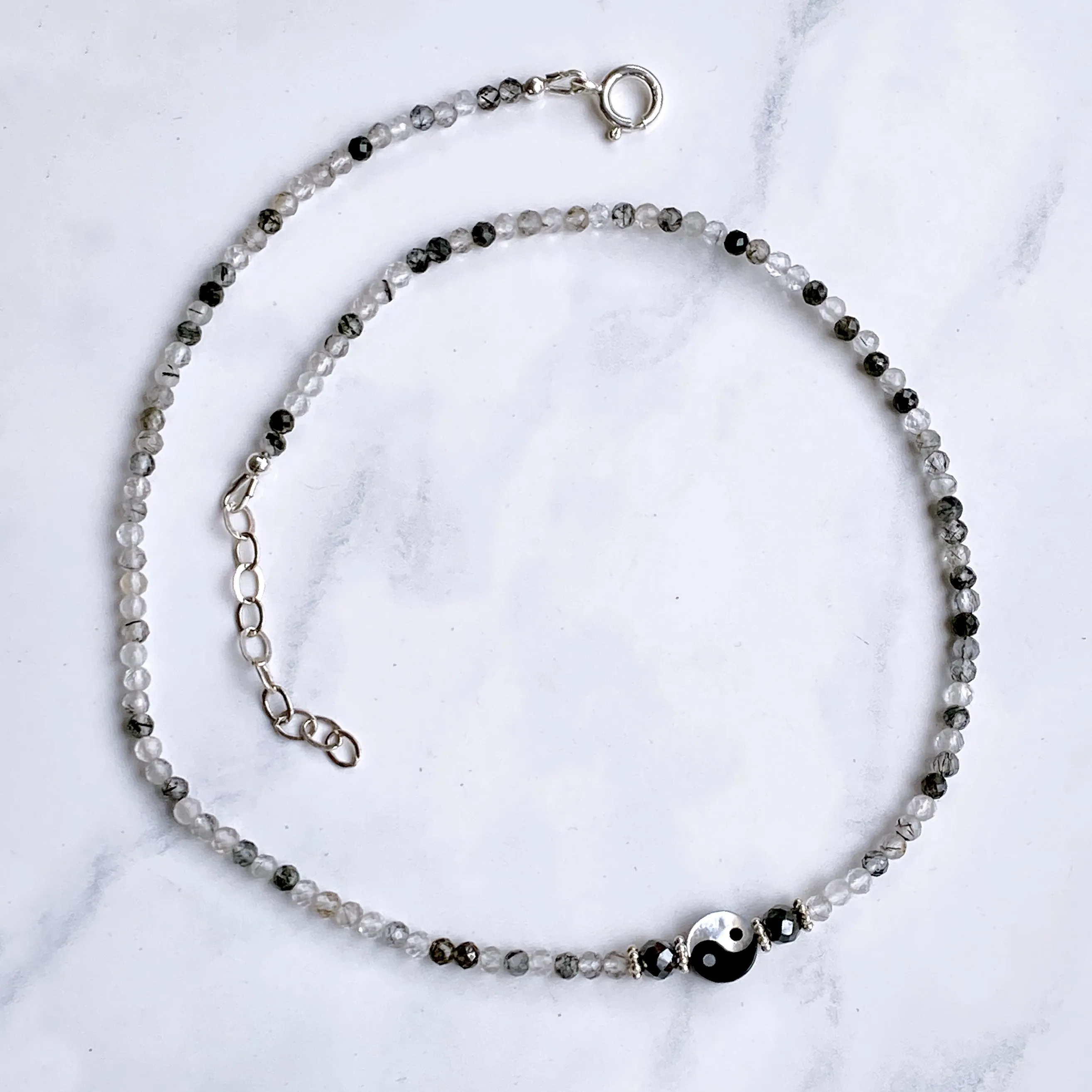 Yin Yang, Black Diamonds, tourmaline Quartz, and Sterling Silver Choker