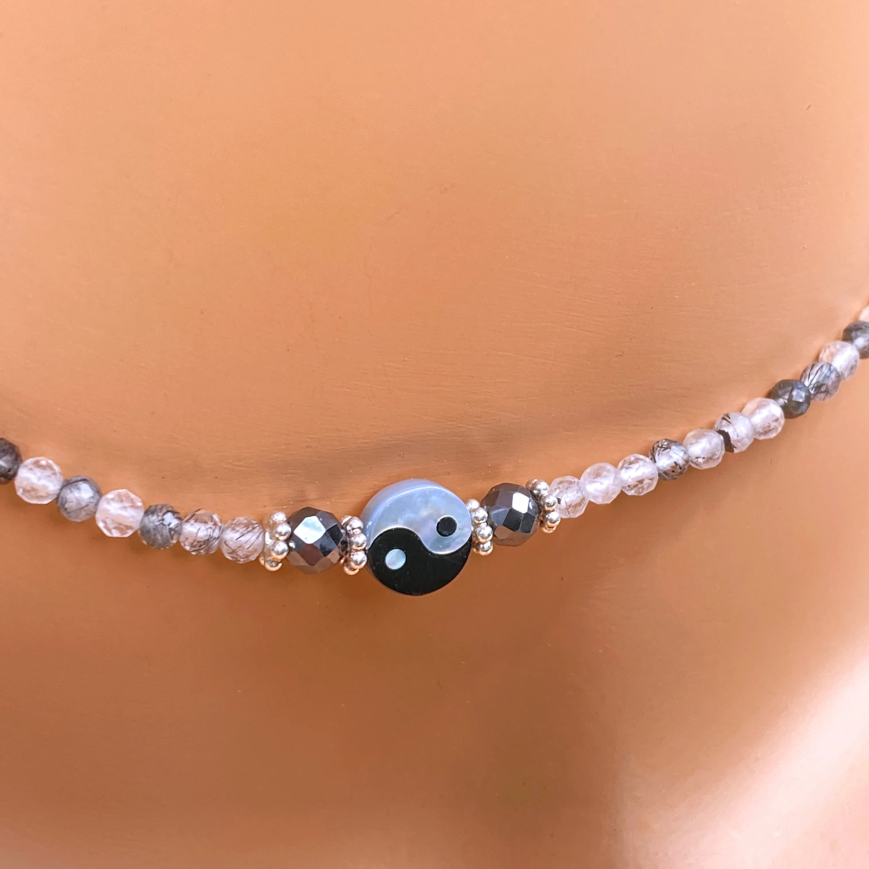 Yin Yang, Black Diamonds, tourmaline Quartz, and Sterling Silver Choker