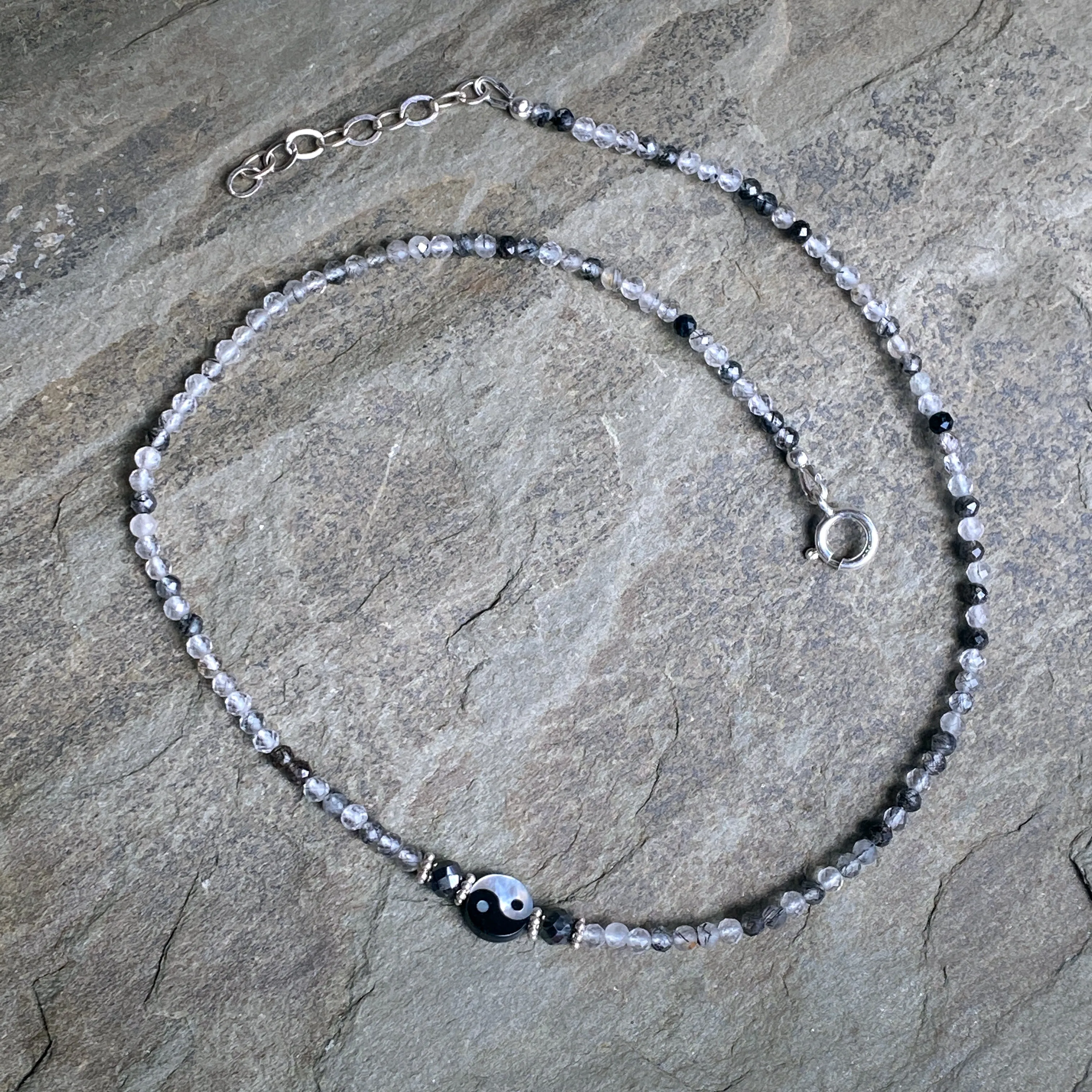 Yin Yang, Black Diamonds, tourmaline Quartz, and Sterling Silver Choker